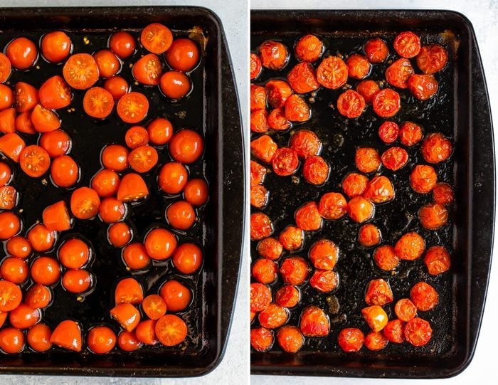 Side by side photos of cherry tomatoes on a baking sheet before being roasted, and a photo fo roasted cherry tomatoes on a sheet pan.