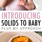 Photo of baby eating with a self feeder, and a mom holding a baby bowl with homemade baby food inside.