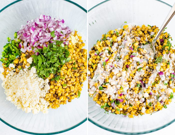 Side by side photos of two bowls. The first has the ingredients for a Mexican street corn salad (jalapeno, red onion, corn, cilantro and cheese). The second photo is of the ingredients mixed up and drizzled with a dreamy dressing.