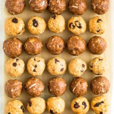 Parchment paper lined with protein balls.
