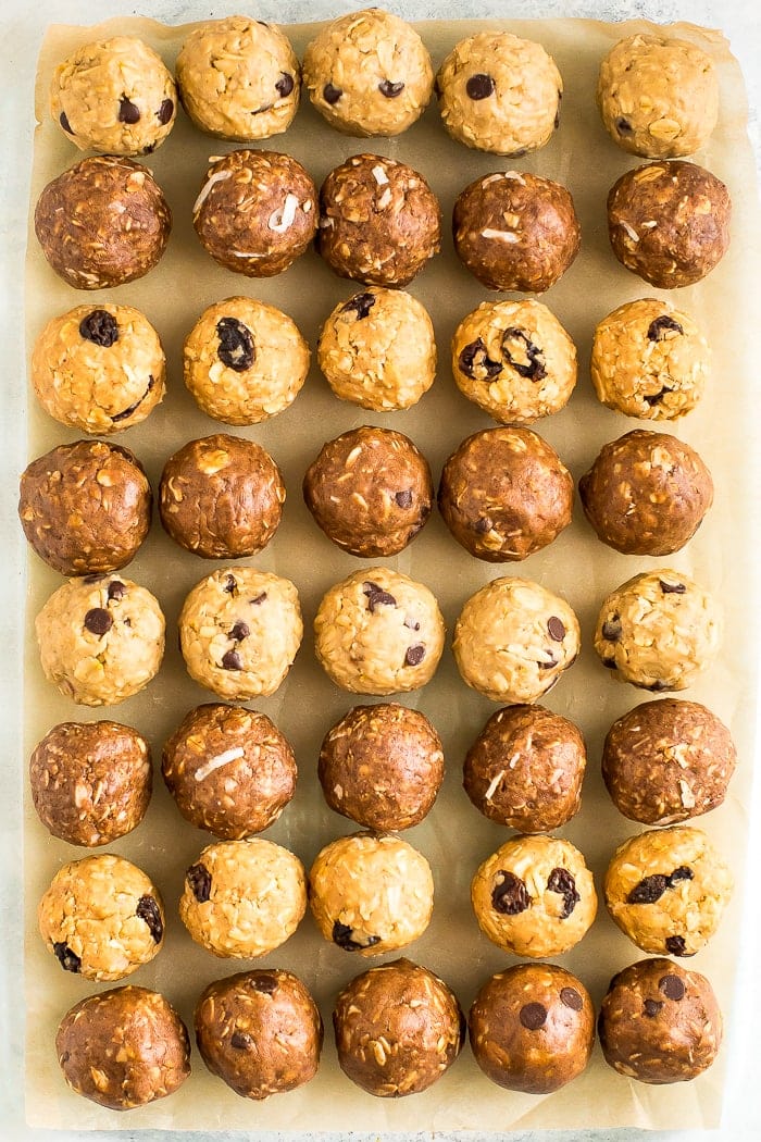 Parchment paper lined with protein balls. 