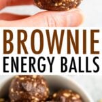 Hand holding two brownie energy balls, and a bowl full of brownie energy balls.