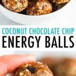 Two photos: one is of a bowl full of coconut chocolate chip energy balls and the second is of a hand holding two energy balls.