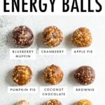 9 different energy balls with labels for their flavors.