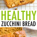 Two stacked photos of a loaf of zucchini bread with 4 thick slices cut on a gold wire cooling rack.