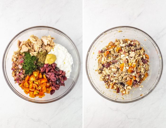 Side by side photos of a mixing bowl with tomatoes, kalamata olives, tuna, cottage cheese and spices. The second photo is of the mixture mixed together.