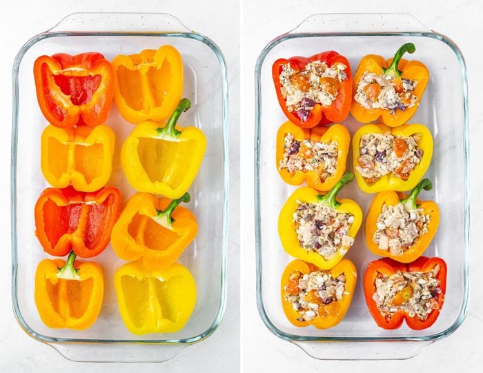 Side by side photos of a glass baking dish with halves of bell peppers and the second photo is of the pepper halves filled with a tuna stuffing.