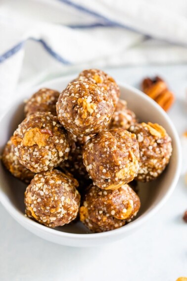 Bowl full of apple pie energy balls.