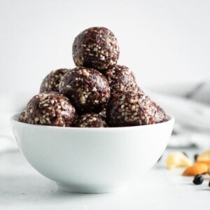 Bowl full of blueberry muffin energy balls.