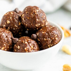 Bowl full of brownie chocolate energy balls.