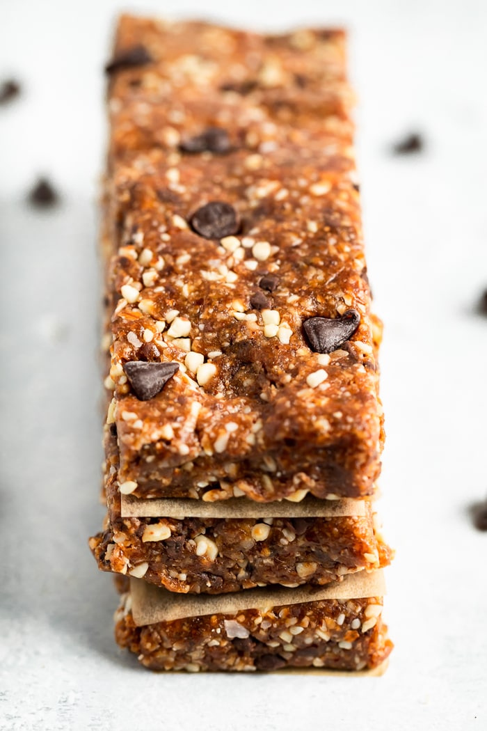 Stack of three homemade chocolate chip Larabars.