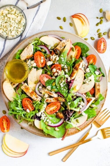 Plate with a fuji apple chicken salad. Two forks, pepitas, apples, tomatoes and gorgonzola are sprinkled around the plate.