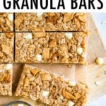 Apple Granola Bars on parchment paper and surrounded by apple slices and white chocolate chips.