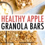 Apple Granola Bars on parchment paper and surrounded by apple slices and white chocolate chips.