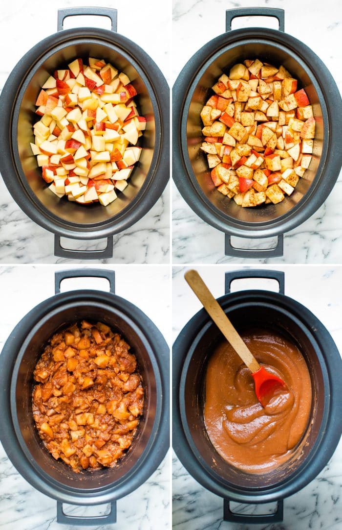 Four photos of the stages of making apple butter in a slow cooker. 1. Chopped apples in the slow cooker. 2. Cinnamon topped on the apples. 3. Apples cooked. 4. Apples puréed into butter,