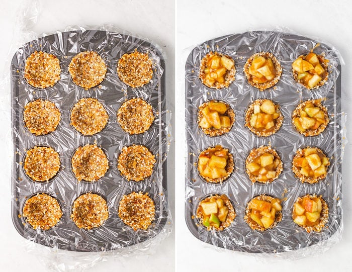 Side by side photos of a mini muffin tin with the no bake apple pie crust and then the tin again with the apple filling in it.