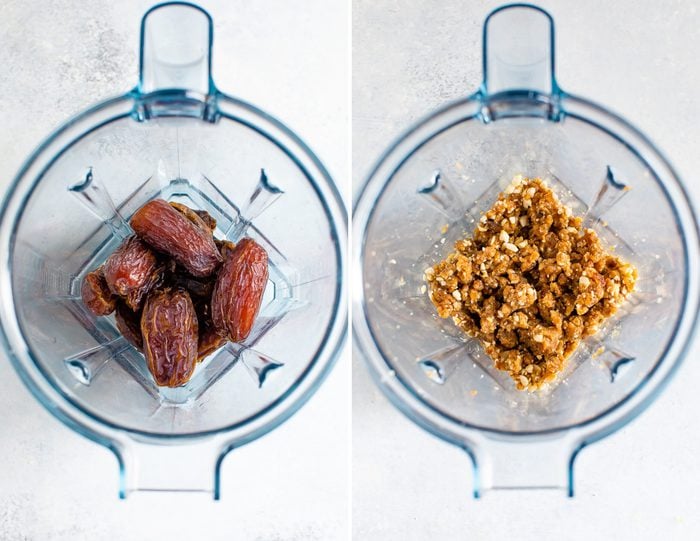 Side by side photos of dates in a blender before and after being blended.