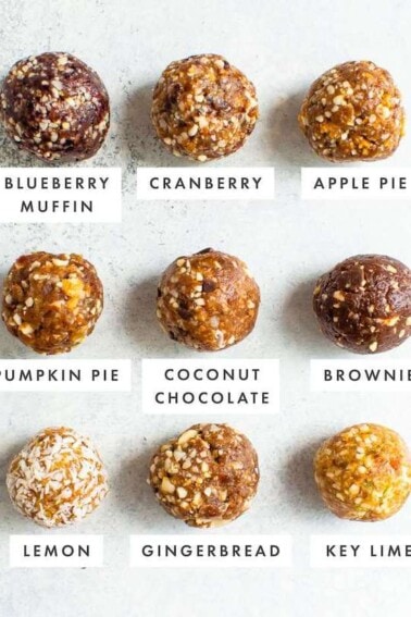 Nine different date energy balls with flavors labeled.