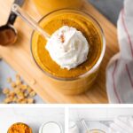 Collage of pumpkin pie smoothie photos in glasses and ingredients measured out on tables.