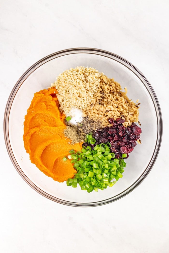 Sweet Potato Quinoa Cakes ingredients in a bowl before mixing.