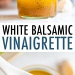 Photos of white balsamic dressing in a jar with a spoon.