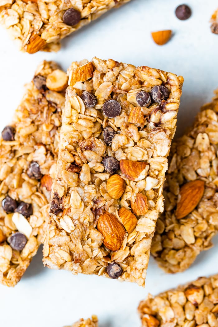 Stack of chocolate chip almond granola bars.