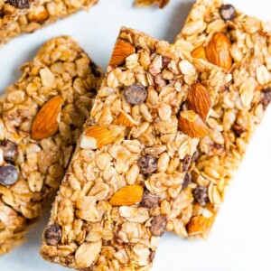 Stack of chocolate chip almond granola bars.