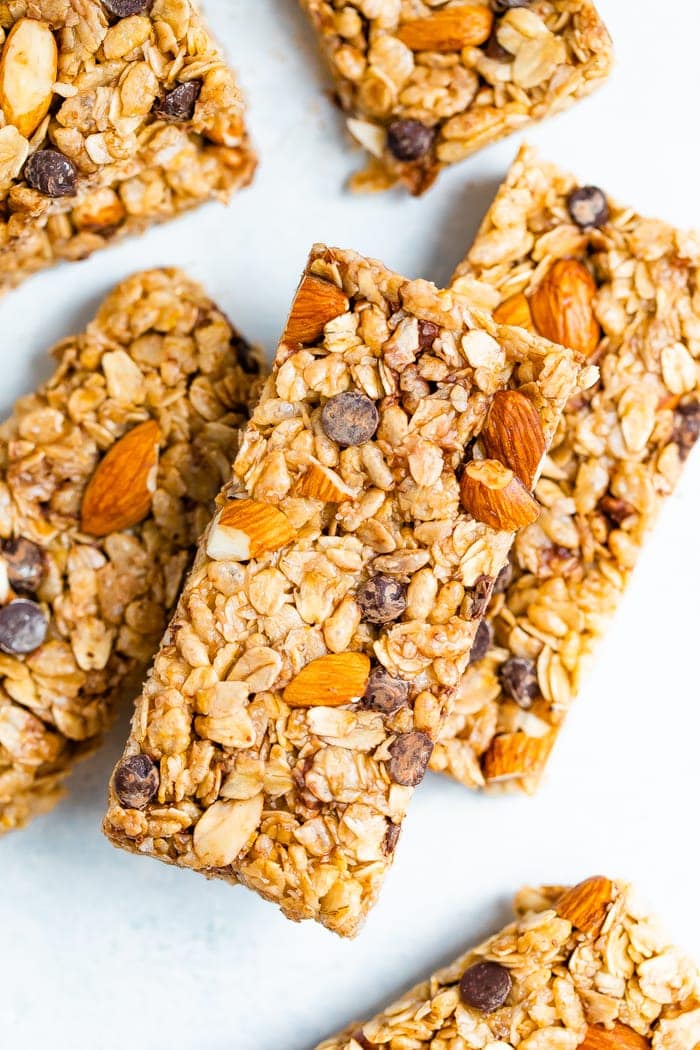 Up close view of chocolate chip almond granola bars. 