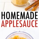 Glass jar of applesauce and a food processor with cooked cinnamon apples.