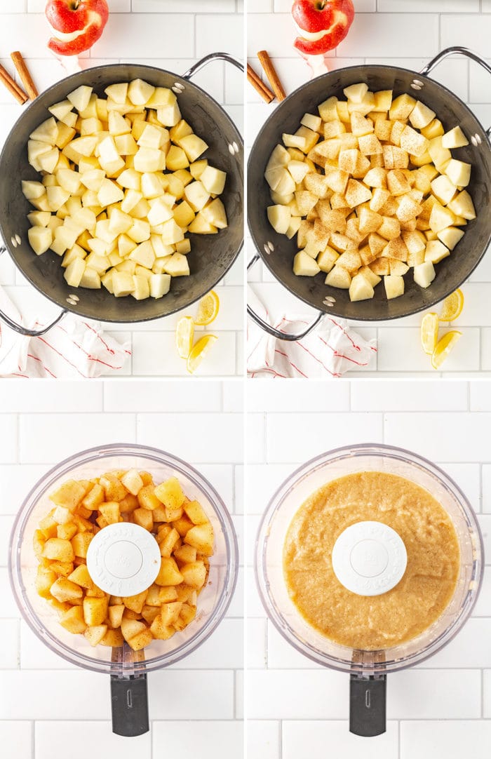 4 photos of the steps for how to make applesauce. Apples in the pot with cinnamon, then when cooked getting blended in a food processor.