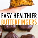 First photo: Hand holding a stack of homemade butterfinger bites. Second photo: Overhead shot of chocolate covered butterfinger bites on a pan.