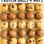 Four types of protein balls lined up in rows.