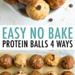 Variety of four protein balls in a bowl and lines up on parchment paper.