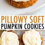 Frosted pumpkin cookies on a plate and cooling rack.