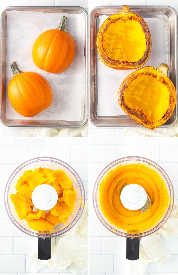 4 photos of the steps on how to make pumpkin puree: two pumpkin halves on a cookie sheet, the pumpkin roasted, the pumpkin in a food processor, and the pumpkin pureed in the food processor.