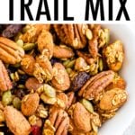 Bowl full of pumpkin spice nutty and fruity trail mix.