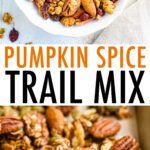 Bowl of pumpkin spice trail mix and a cookie sheet with the trail mix and nuts roasting.