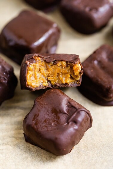 Close up shot of homemade Butterfinger bite.