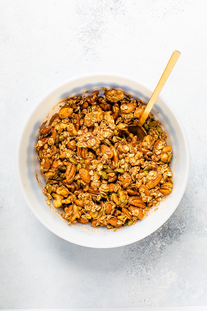 Bowl of pumpkin spice trail mix mixture.