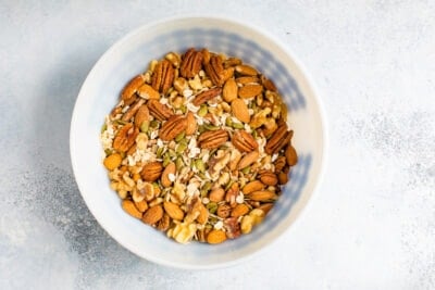 Bowl of pumpkin spice trail mix mixture.