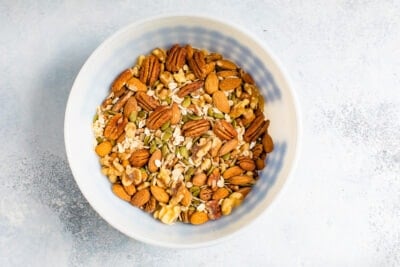 Bowl of pumpkin spice trail mix mixture.