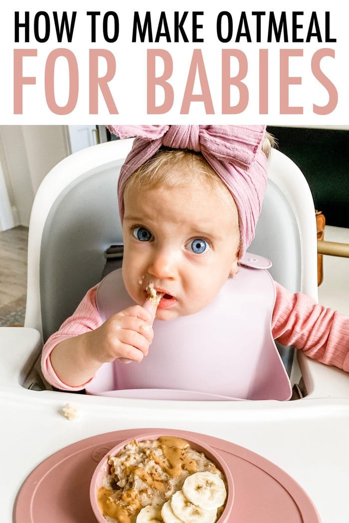 Baby Olivia in a highchair eating a bowl of oatmeal with bananas and peanut butter on top.