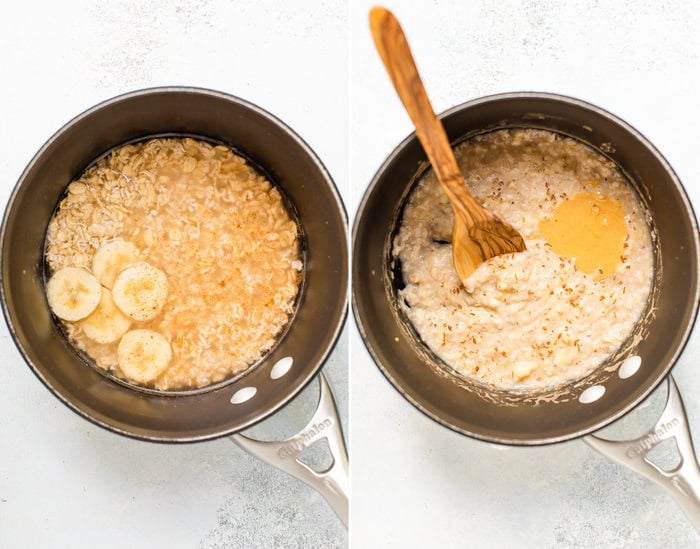 Side by side photos of banana oatmeal ingredients in a pot, and then the oatmeal being cooked and peanut butter added.
