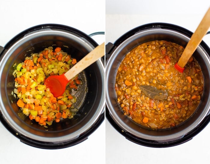 Side by side photos of an instant pot. In the first photo, carrots, onions and celery are being sautéed. In the second photo is the cooked lentil soup.