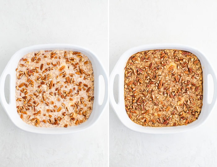 Side by side photos of maple pecan oatmeal in a baking dish before and after being baked.