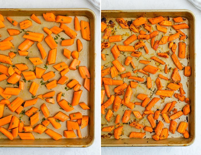 Side by side photos. One is raw carrots on a baking sheet. The next is roasted carrots on a baking sheet.