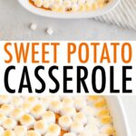 Tow photos of sweet potato casserole topped with marshmallows.