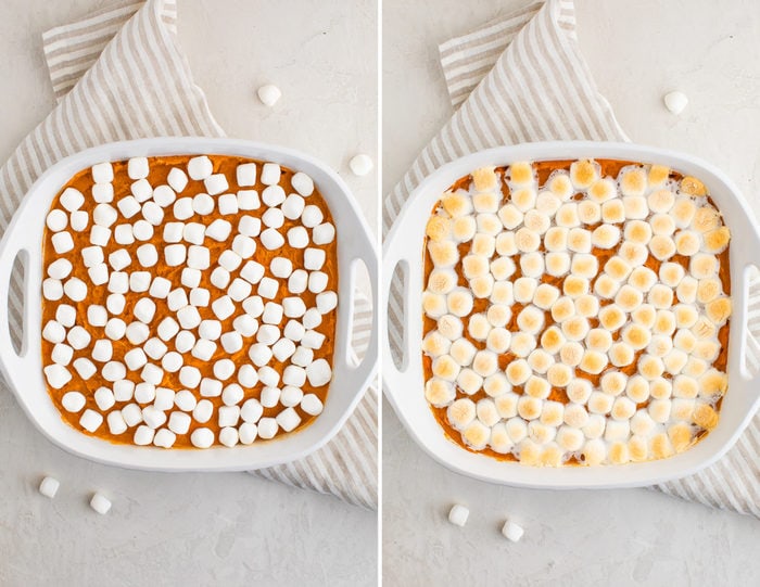 Side by side photos of sweet potato casserole with marshmallows before being baked and after being baked.