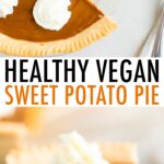 Two photos. One is of a sweet potato pie topped with dollops of whipped cream. A slice is taken out. The second photo is of a plate with a slice of pie with a bite taken out of it.