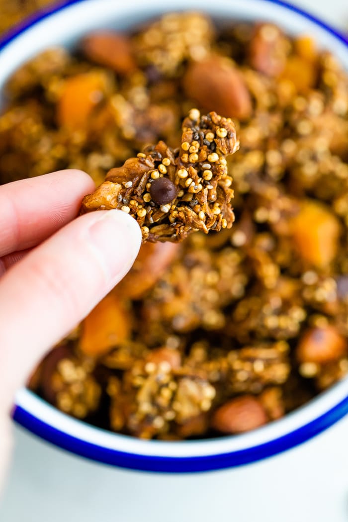 Hand holding a chunk of quinoa granola with chocolate chips and chia.